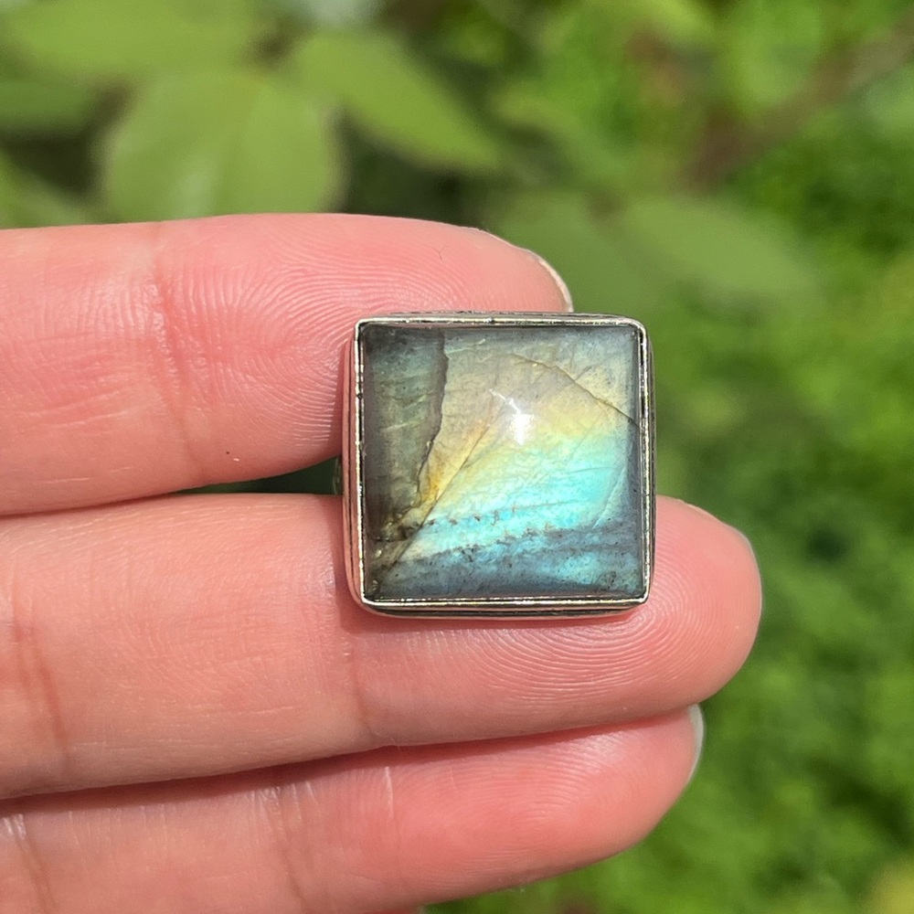 Size 7.25 925 silver plated square flashy‎ labradorite ring 2242